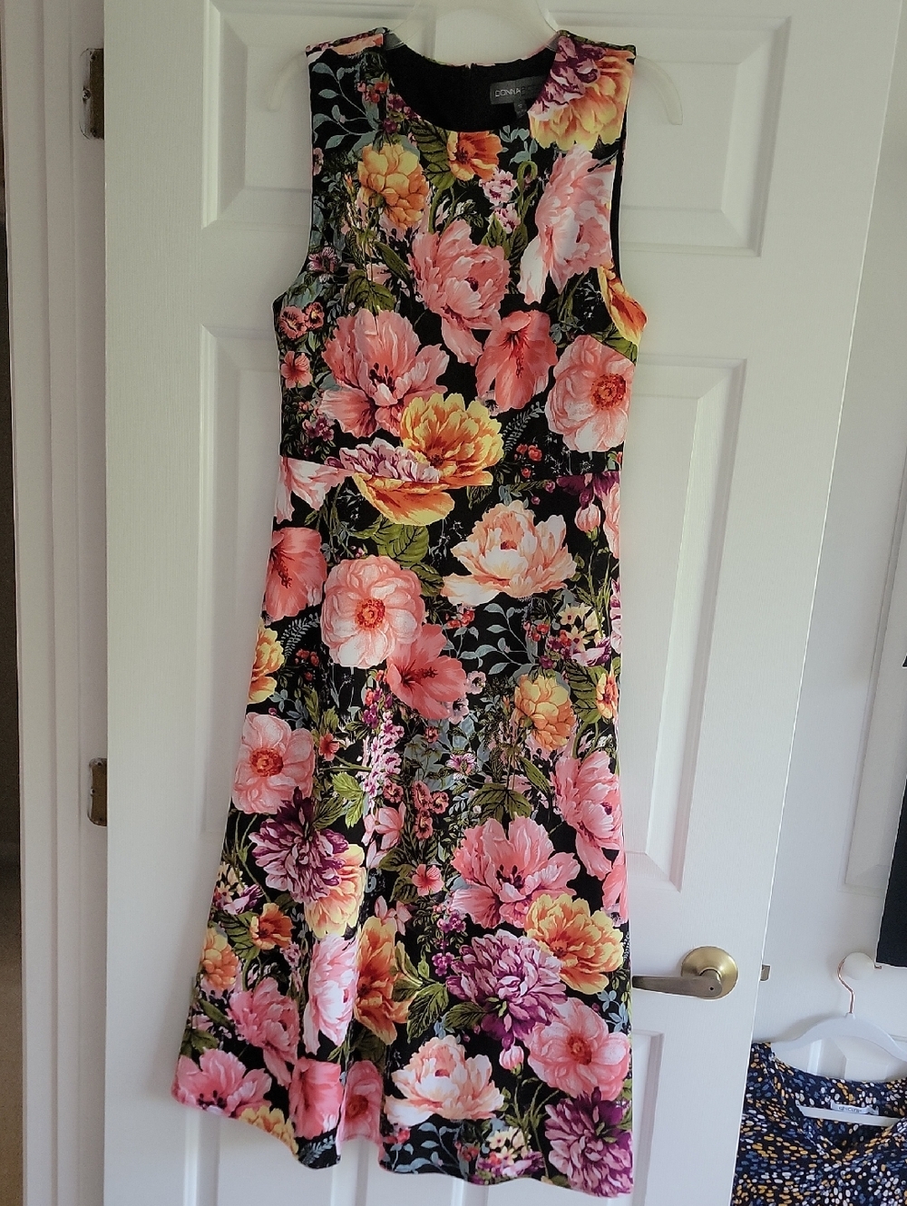 Donna Ricco Black Floral Midi Dress with Pink and Yellow Blooms, Size 10